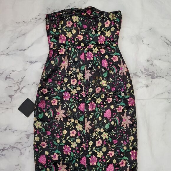 Lulu's Make a Move Black Satin Floral Jacquard Strapless Midi Dress - Picture 5 of 6